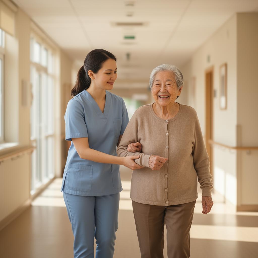 A caregiver smiling with an elderly resident