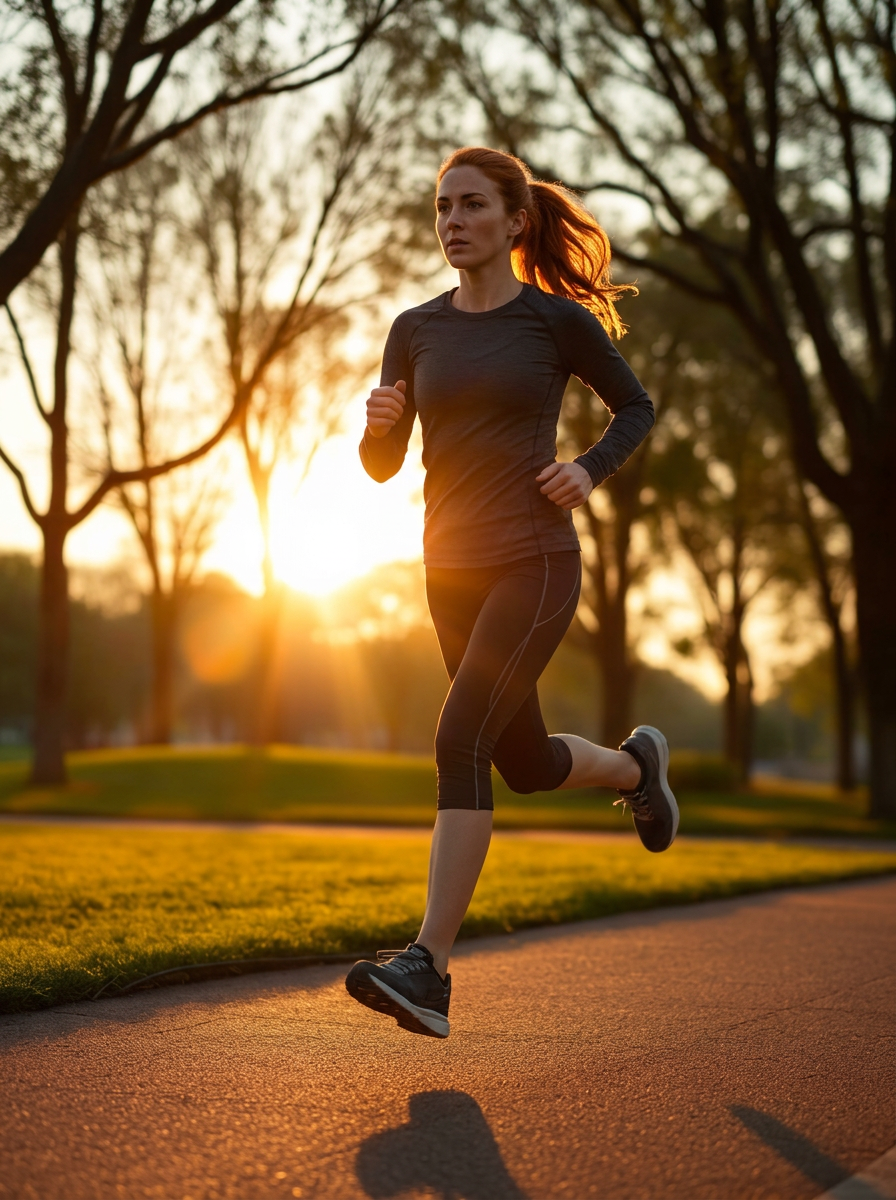 A person jogging outdoors at sunrise